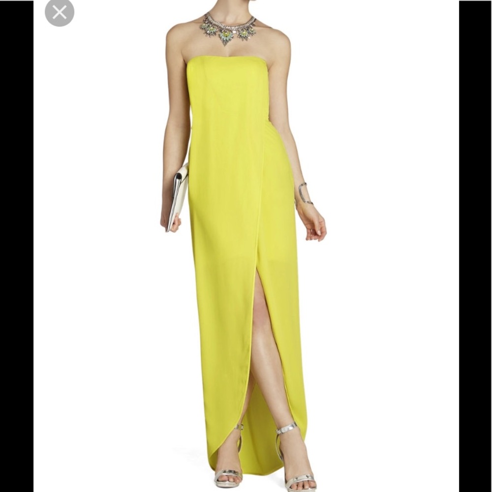 BCBG Full length draped strapless yellow gown